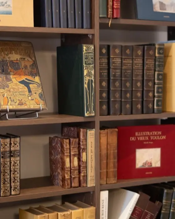 Rayonnage de livres anciens reliés, dont un ouvrage illustré sur le vieux Toulon.