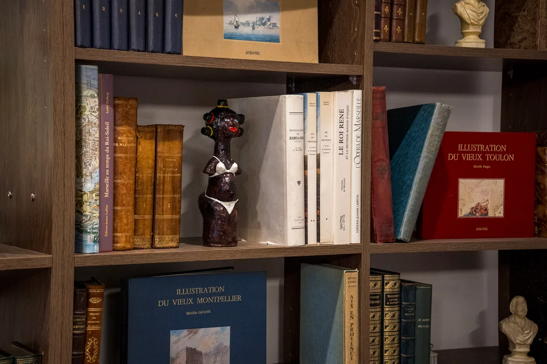Livres et figurines dans les rayonnages de la bibliothèque