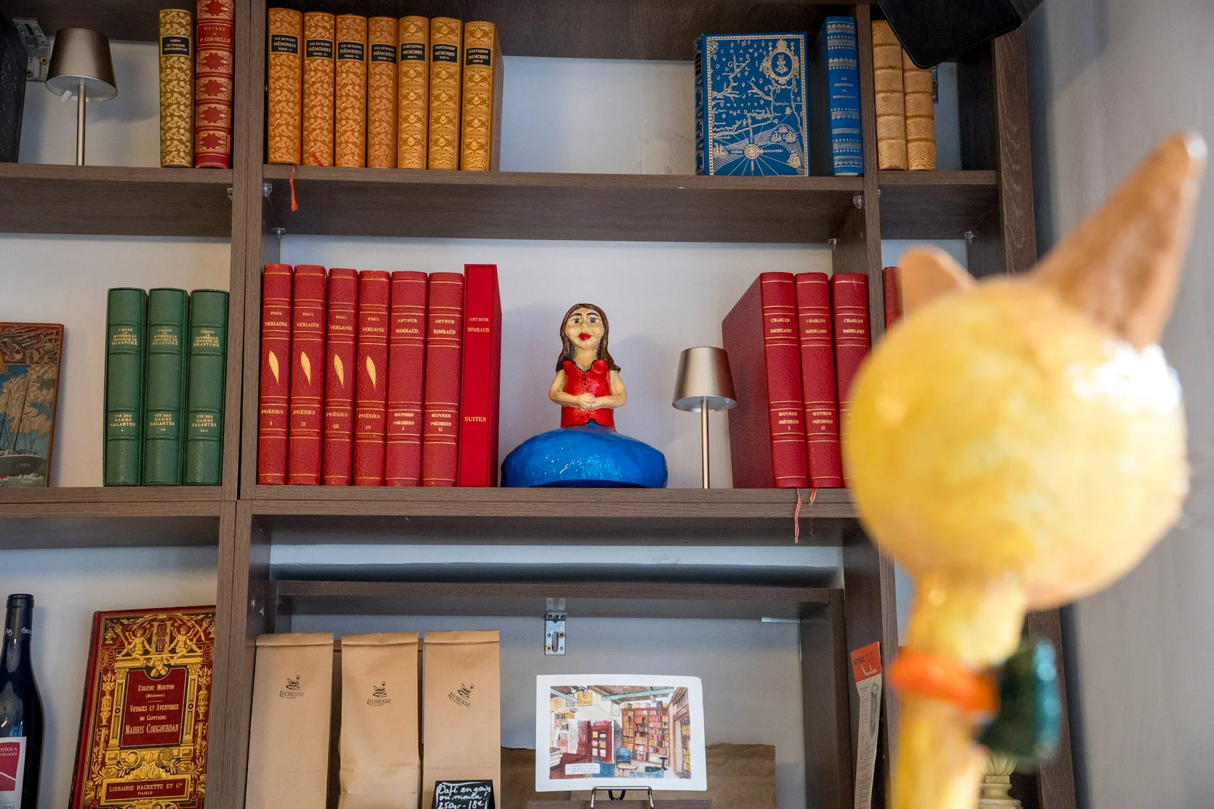 Livres, figurines et objets décoratifs dans la bibliothèque